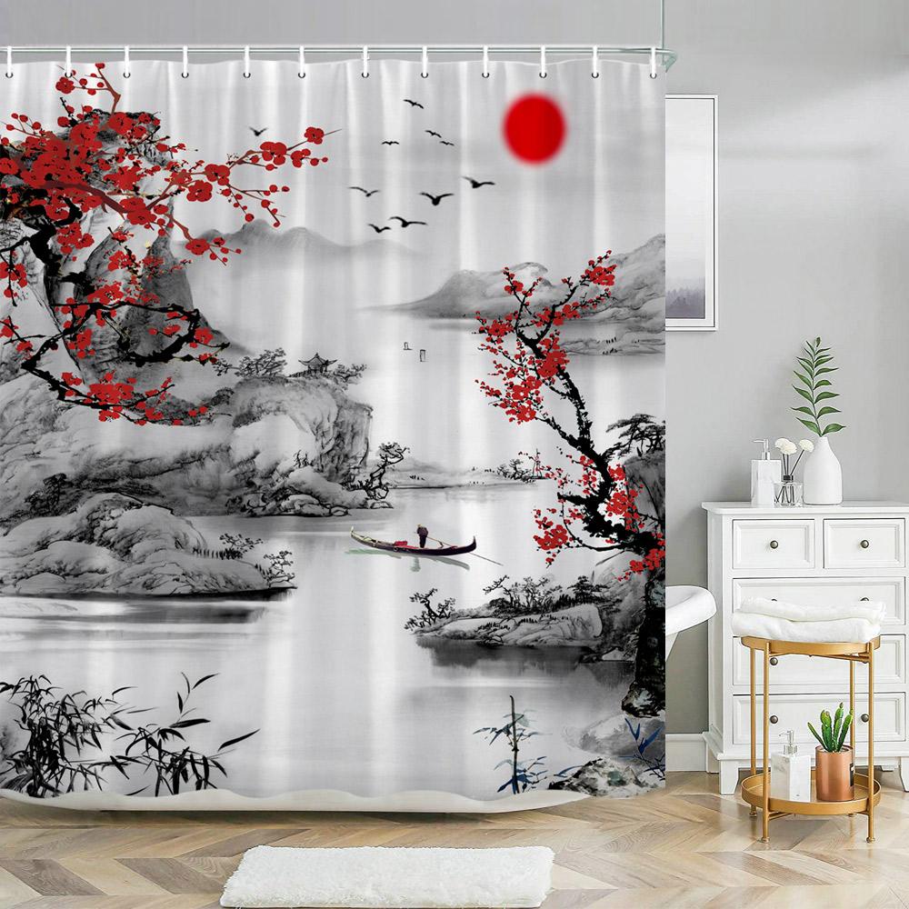 Chinese Landscape Landscape painting Shower Curtain Ink Painting Landscape Polyester Fabric Washable Bath Curtain Bathroom Decor