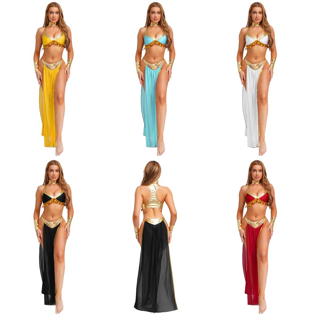Womens Ancient Egyptian Queen Cosplay Outfit 4-Piece Set - Crop Top Collar Sleeves and Side Slit Chiffon Skirt with Metallic Shiny Patchwork