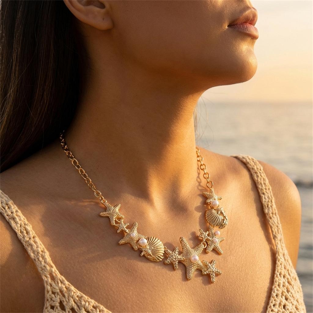 Starfish Shell Imitation Pearl Necklace Summer Beach Vacation Style Accessory Personality Daily Accessory