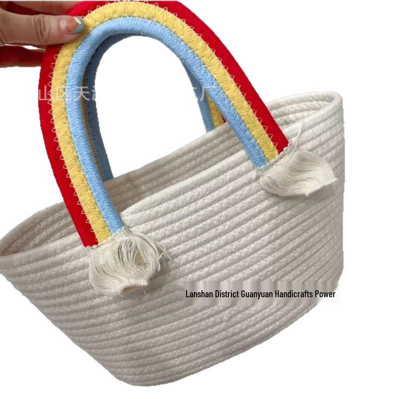 Dětský koš Duha a mrak: Tkaná bavlněná šňůra kabelka & Narozeninový suvenýr