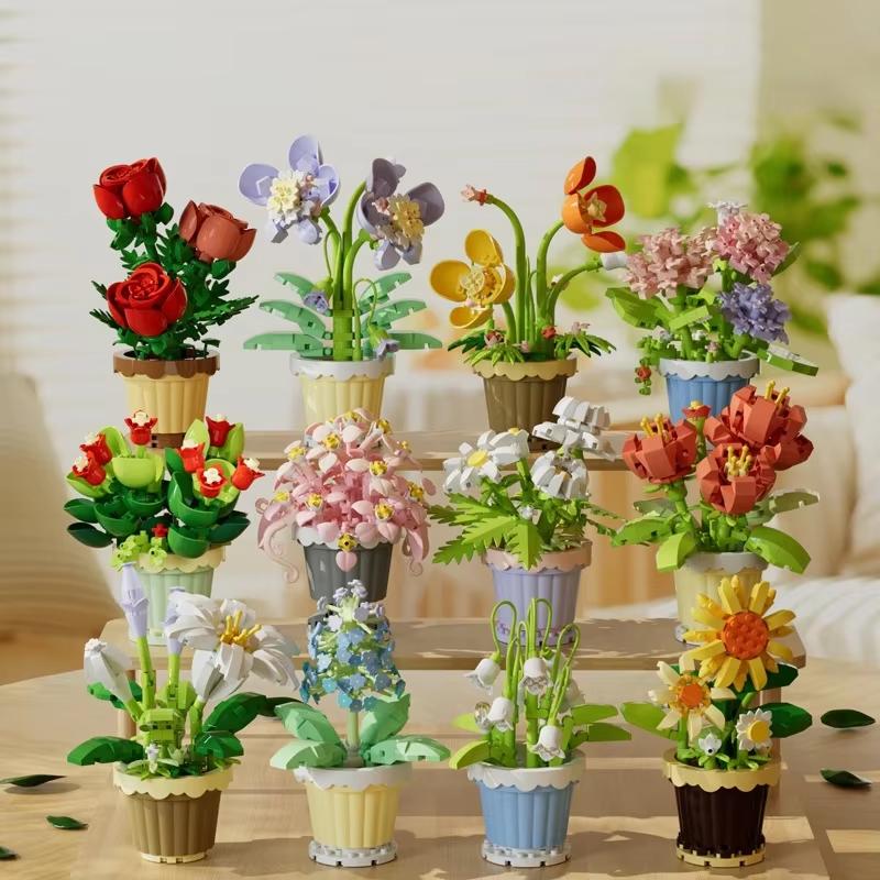 Small Particle Building Block Home Decor Series Flower Potted Plant Toys Set with Permanent Flowers Gift for Plant Arrangements