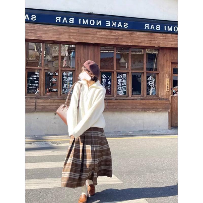Women's Retro Plaid A-line Wool Skirt - Japanese Style, Autumn/Winter, Mid-length, Thickened