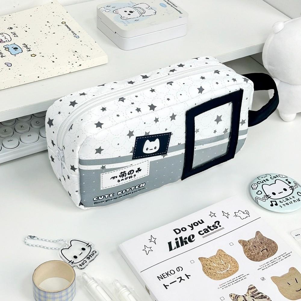 Large Capacity Pencil Case Cute Star Kitten Pencil Pouch INS Stationery Bag School Supplies Grey Star Kitten