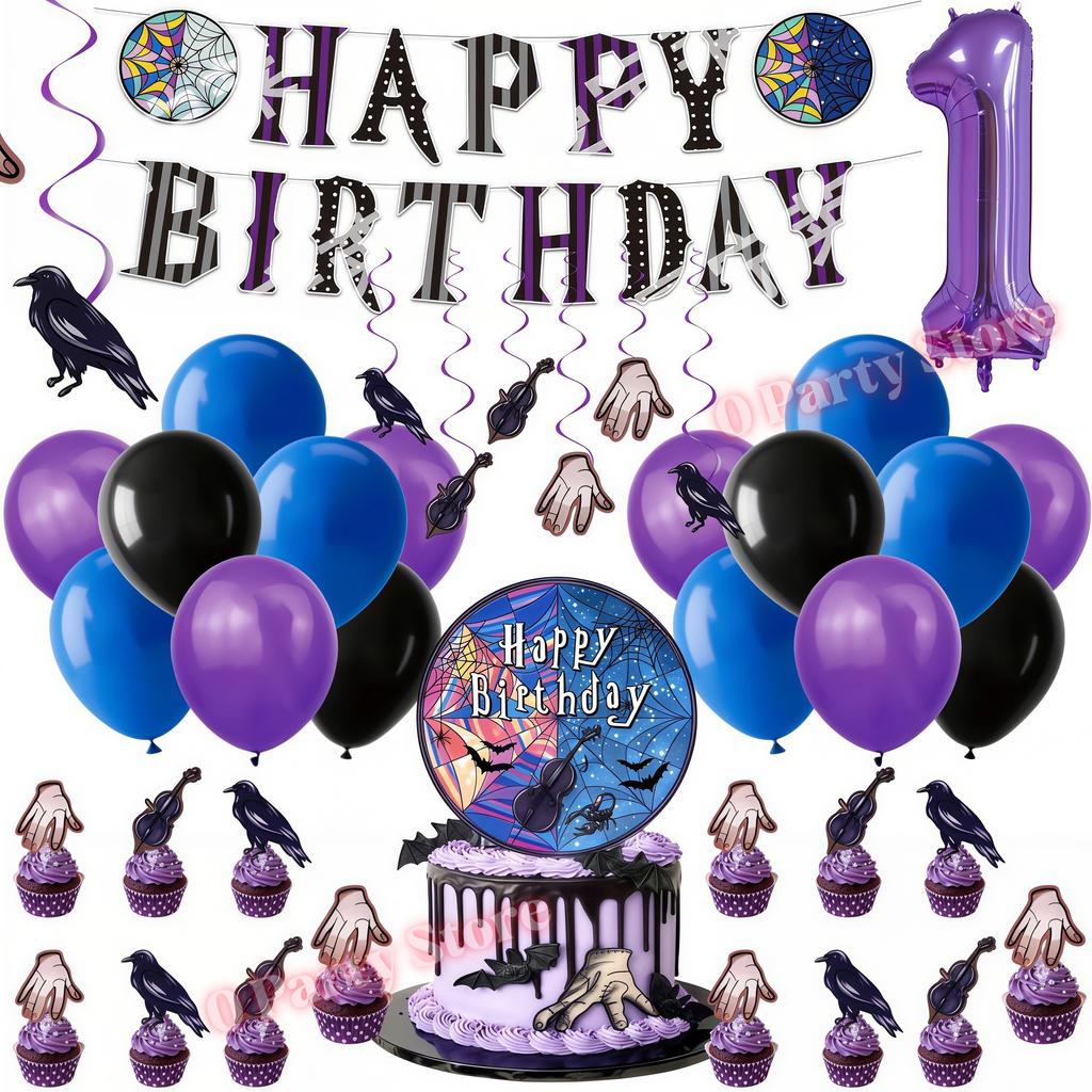 Birthday Party Decorations Supplies Kit Balloons Cups Plates Backdrop Banner Addams Theme Birthday Cake Decor Kids Favor Gifts