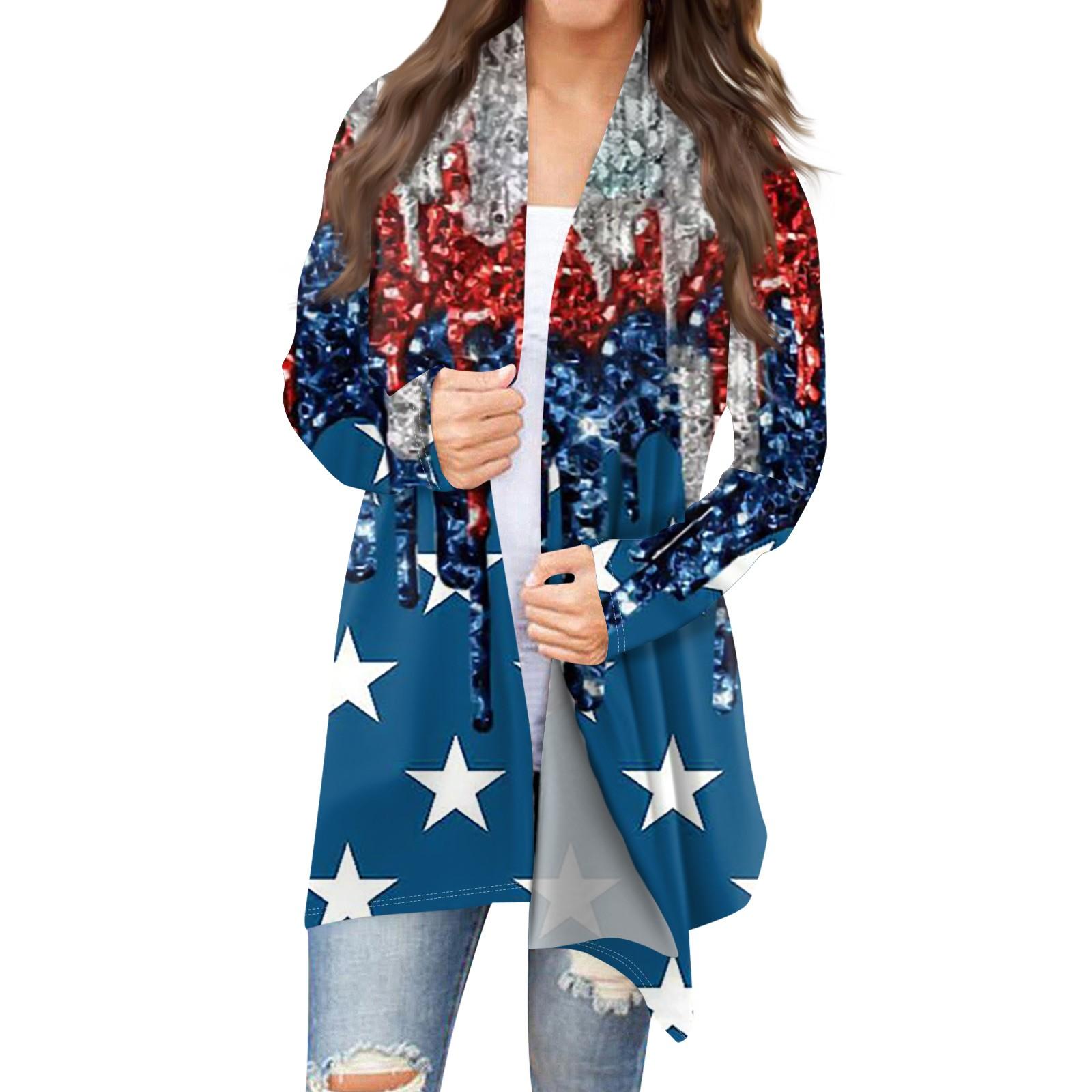

Женский кардиган с принтом ко Дню независимости и длинными рукавами спереди, легкая куртка с принтом M синий