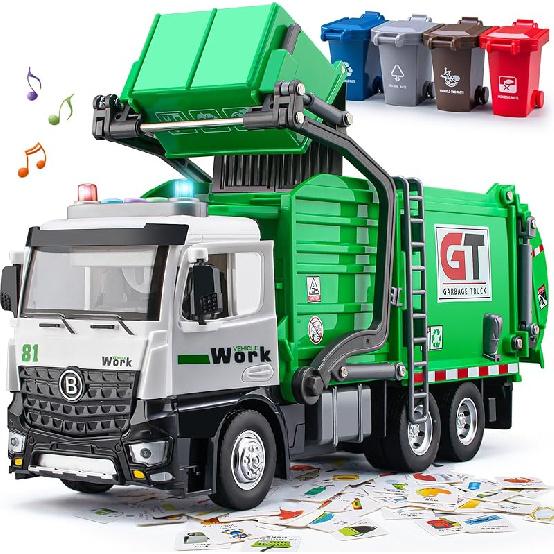 Garbage Truck Toys for Boys, 12" Big Trash Truck with Lights and Sounds, Friction Powered Waste Management Recycling Toy Set with 4 Trash Cans and