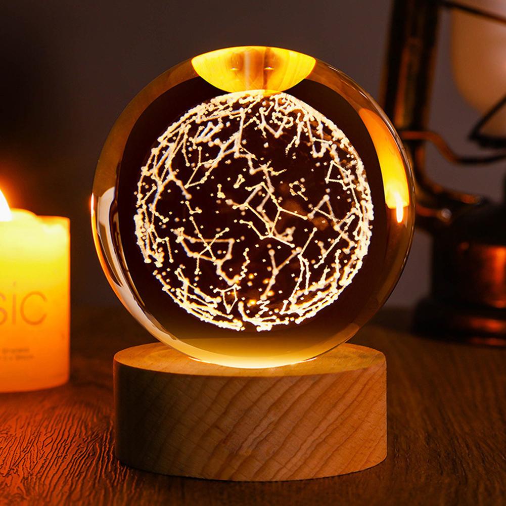 LED Crystal Table Lamp 3D Moon Galaxy Globe Night Light 16 Color Changing Wooden Base Ideal Birthday Gift for Teens Boys & Girls