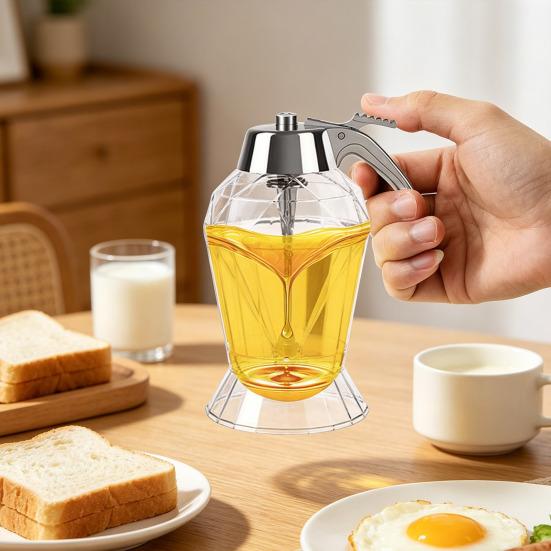 Syrup Dispenser Plastic with One-Hand Operation Honey Dispenser Press Type Honey Maple Syrup Bottle for Kitchen
