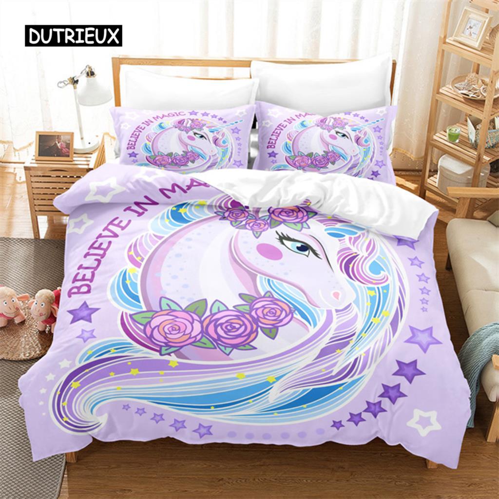 Duvet Cover Cartoon Unicorn Floral Bedding Set Microfiber Flying Horse Comforter Cover Full Queen Children Girls Bedroom Decor