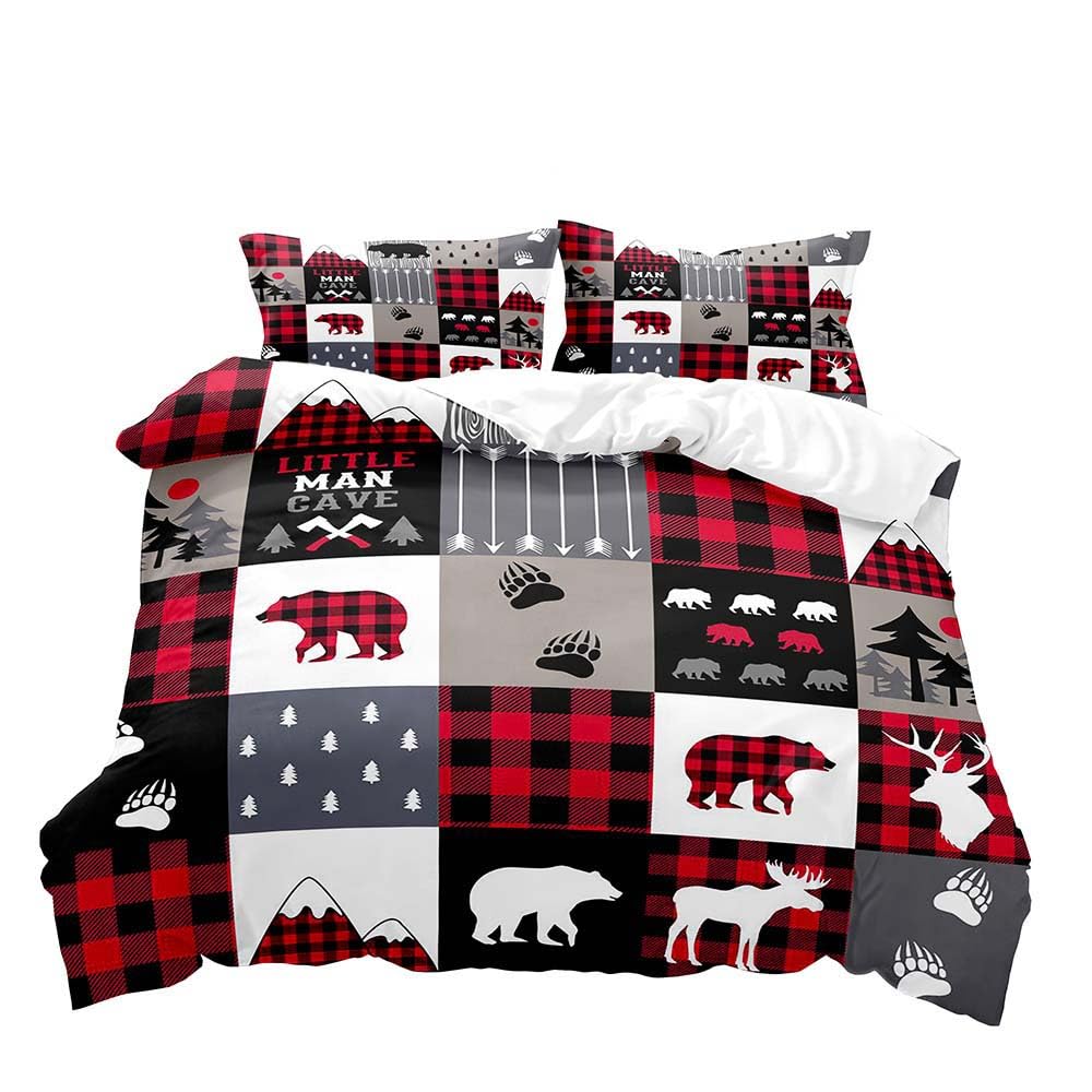 Schwarzbär Hirsch Bettbezug 3-teiliges Set Waldtiere Elch Elch Bettwäscheset Weiche Mikrofaser Bettdeckenbezug mit 2 Kissenbezügen