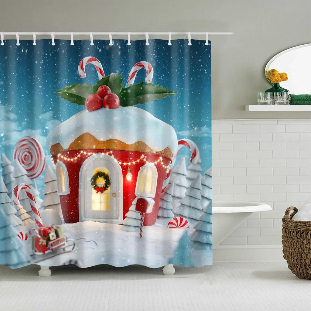 Christmas Bath Curtains Home Decor Winter Snowflake Snowman Santa Claus Waterproof Shower Curtain Bathroom Curtains