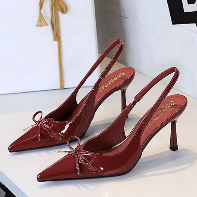 Fashion 2025 Summer Thin Heels Pumps Patent Leather Pointed Fashion Slipper Butterfly Knot Elegant Sandals Mules Shoes Zaptos Mujer