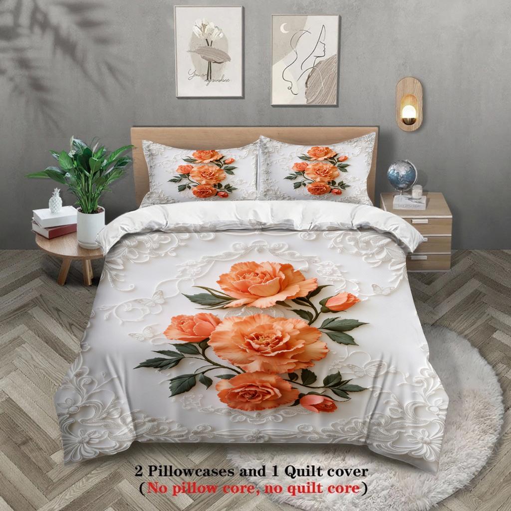 Floral Embroidered Bedding Set White Orange Rose Pattern Bedding With Duvet Cover Pillowcases For Bedroom