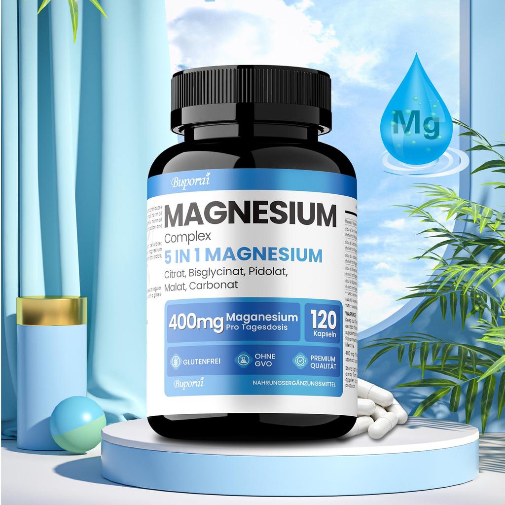 Magnesium 5 In 1 400mg, 5 Sources of Magnesium Glycinate, Citrate, Pidolate, Carbonate,Malate, Premium Quality Supplement Tablets, GMO Free