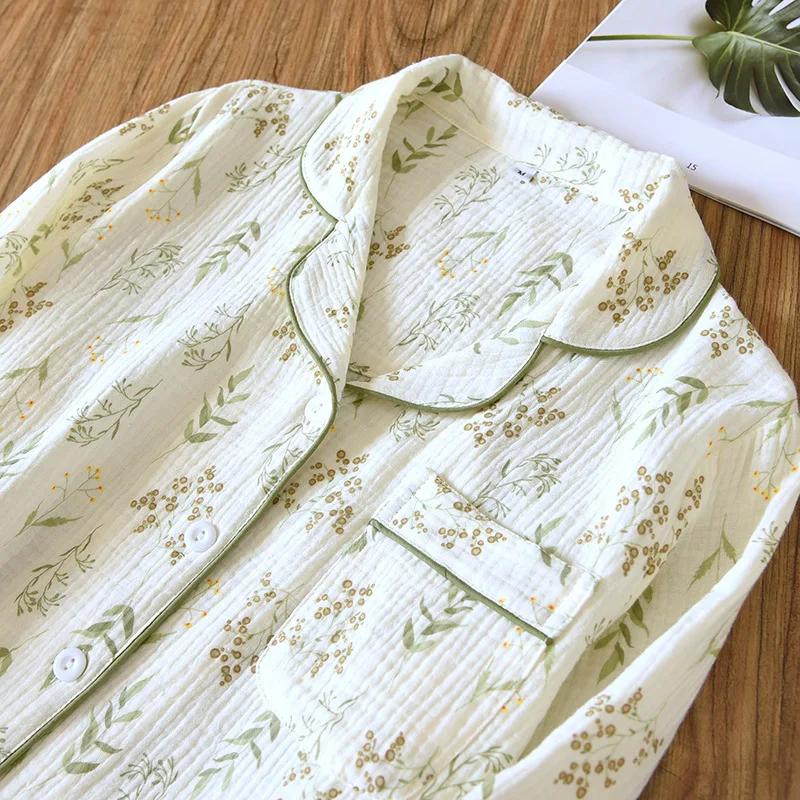 Spring/Summer New Women's Pajama Set 100% Cotton Crepe Long Sleeve Pants Two Piece Large Cardigan Home Furnishing Set