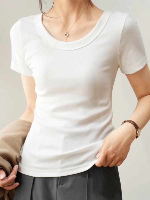 Damen Sommer 2025 Schlank geschnittenes geripptes U-Ausschnitt T-Shirt - Vielseitig Große Größen, Hohe Elastizität, Kurzarm Basis-Top