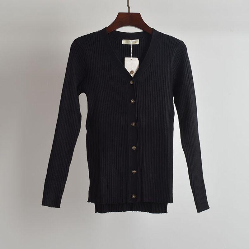 New Arrival Pure Color Minimalist V Neck Sunken Stripe Single Breasted Knitting Cardigan Women's Clothes Spring and Autumn Long-Sleeved Versatile Top