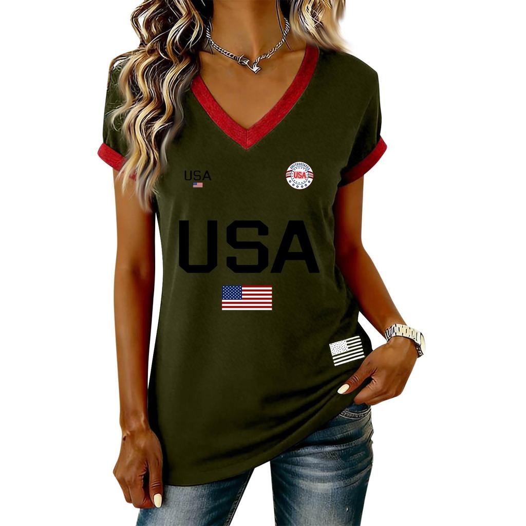 Damen Lässiger V-Ausschnitt Kurzarm Pullover Bedrucktes T-Shirt Top
