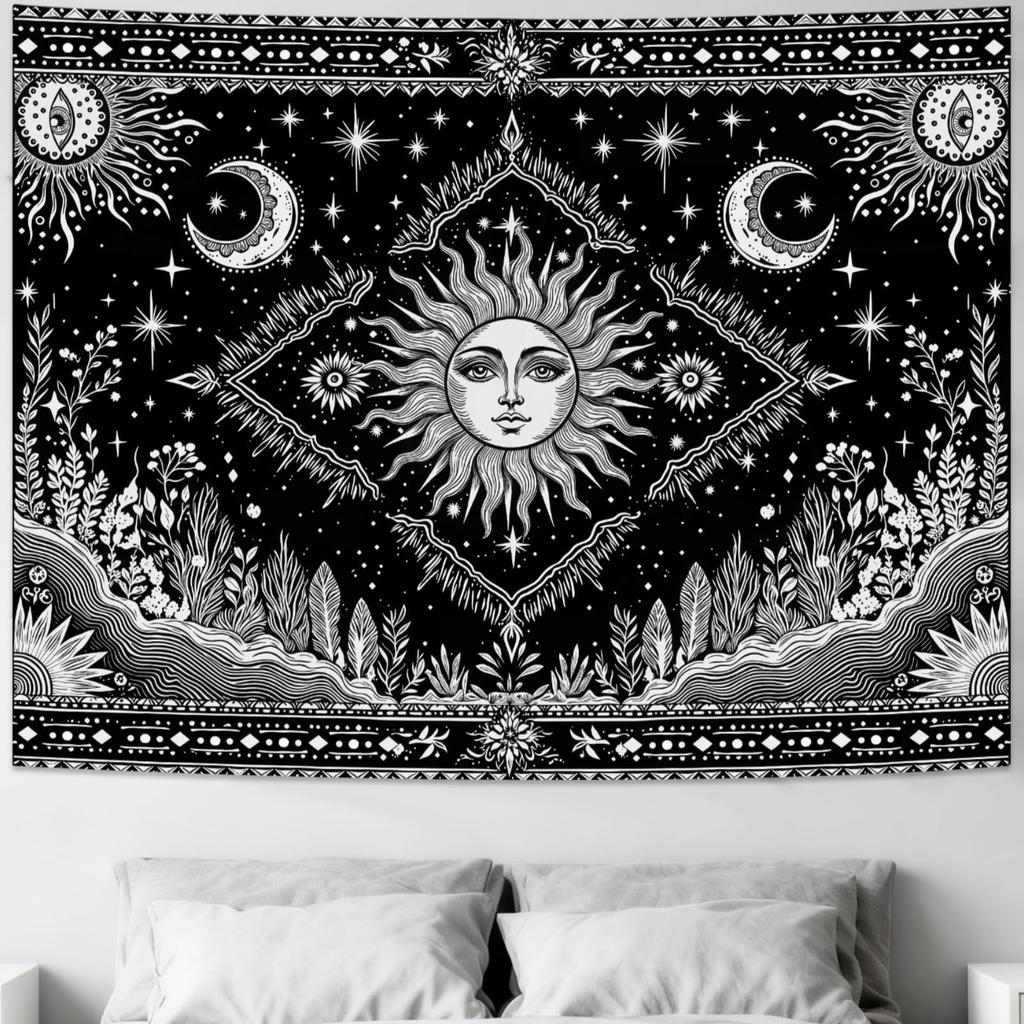 Sun and Moon Tapestry Bedroom Hippie Boho Floral Flower Plant Wall Tapestry Aesthetic Vintage Galaxy Celestial Star Spiritual