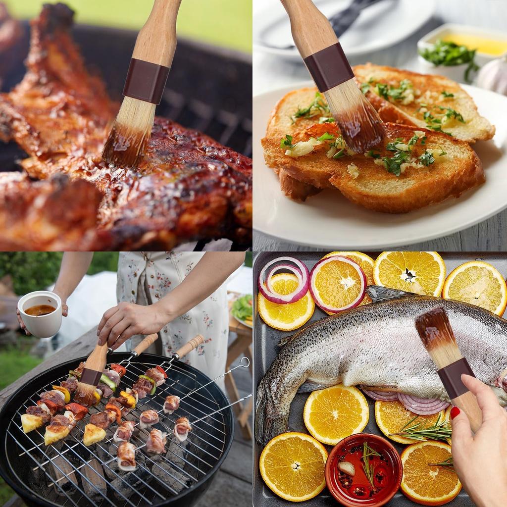 Boao 4 Pieces Natural Bristle Pastry Brush Beech Wooden Handle Basting and BBQ Brushes for Cooking, Butter, Oil, Egg, Marinade, Grilling, Baking,