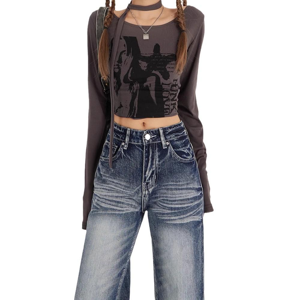 Women's 2025 High-Waist Retro Micro-Flared Jeans for Autumn/Winter – Loose American High-Street Style.