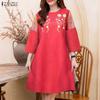 Women Casual Round Neck 3/4 Sleeve Loose Print Dress