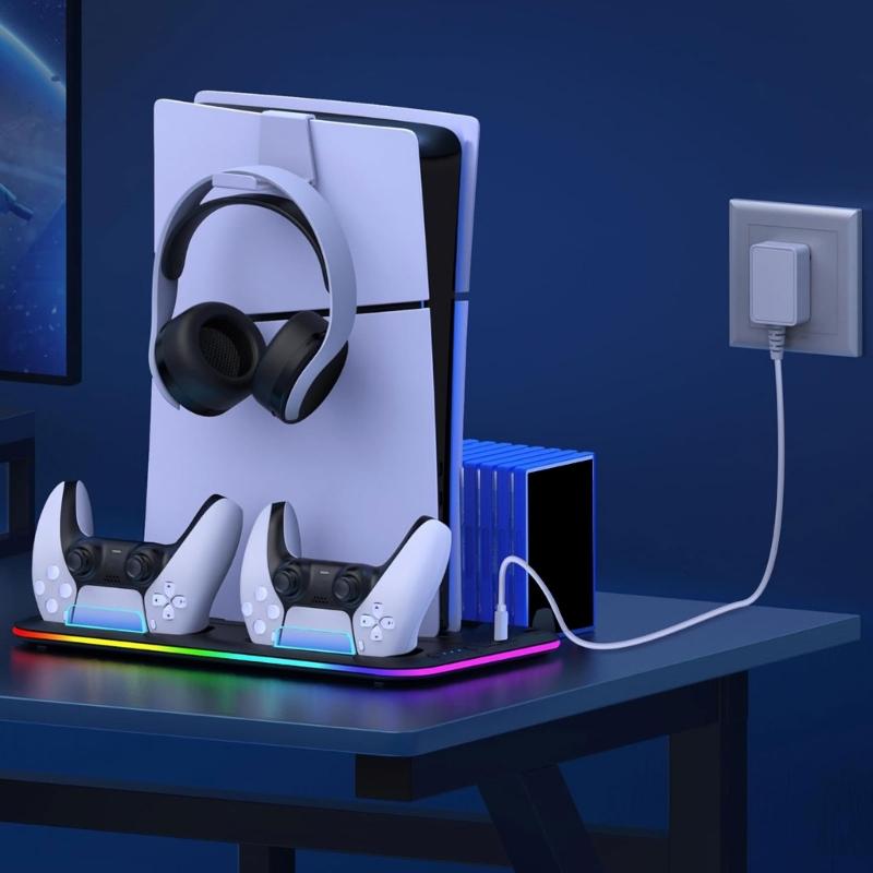 Charging Station with Headset Holder 3 Speed Adjustable Cooling Fan for Slim Controller Charger Stand Charging Dock