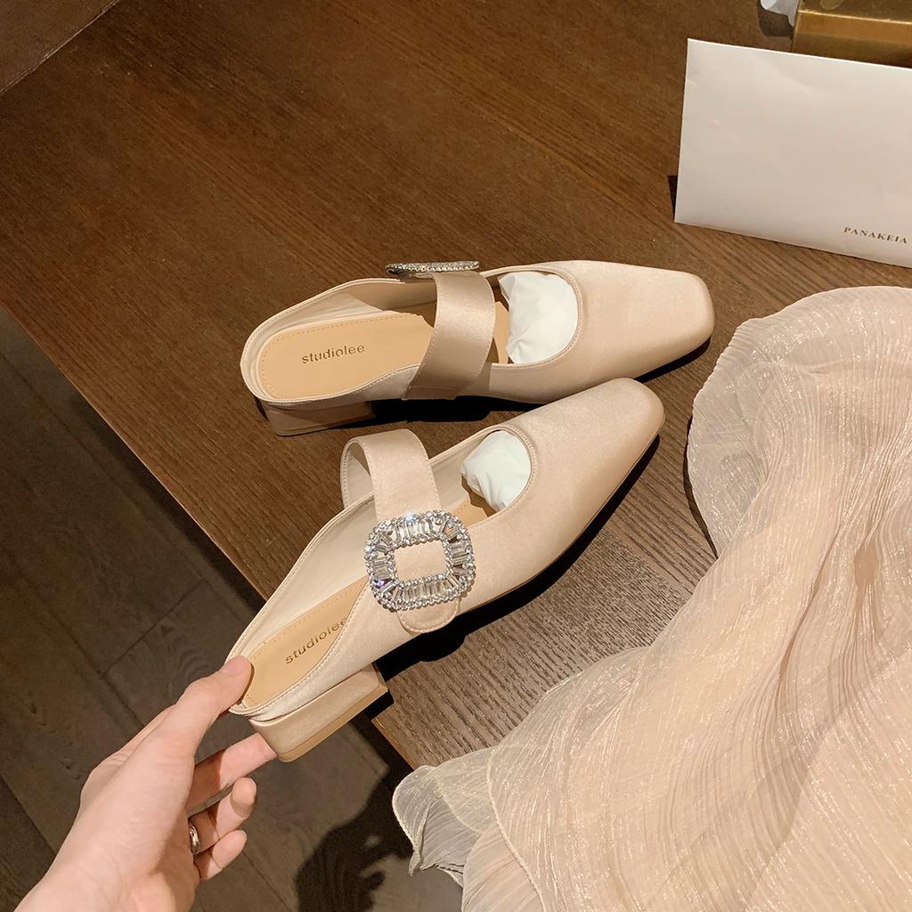 ~ Manor Lady~ Sparkling Diamond Buckle Small Square Head Width Word with Low Heel Temperament Half Drag