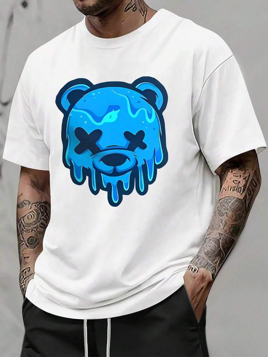 

Unisex s White Graphic T-Shirt With Blue Bear Print S