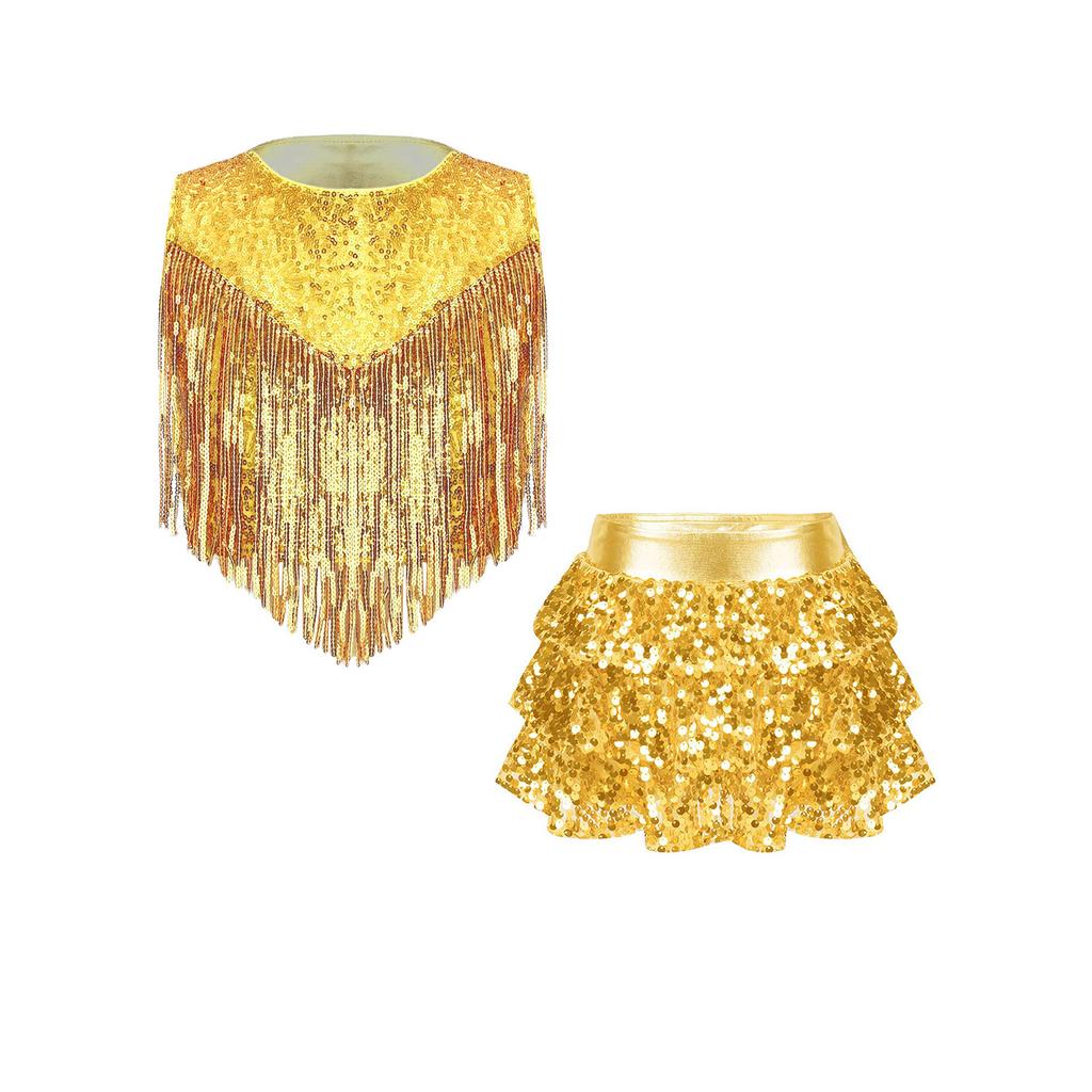 Girls 70s Disco Outfit Metallic Gloss Top Sequins Design Tassels Detail Ruffle Skirt Shorts Two Piece Set
