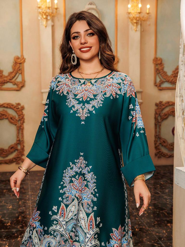 AB400 Muslim Fashion Floral Dress with Hot Drill Embellishments - Middle Eastern Style Robe for Women