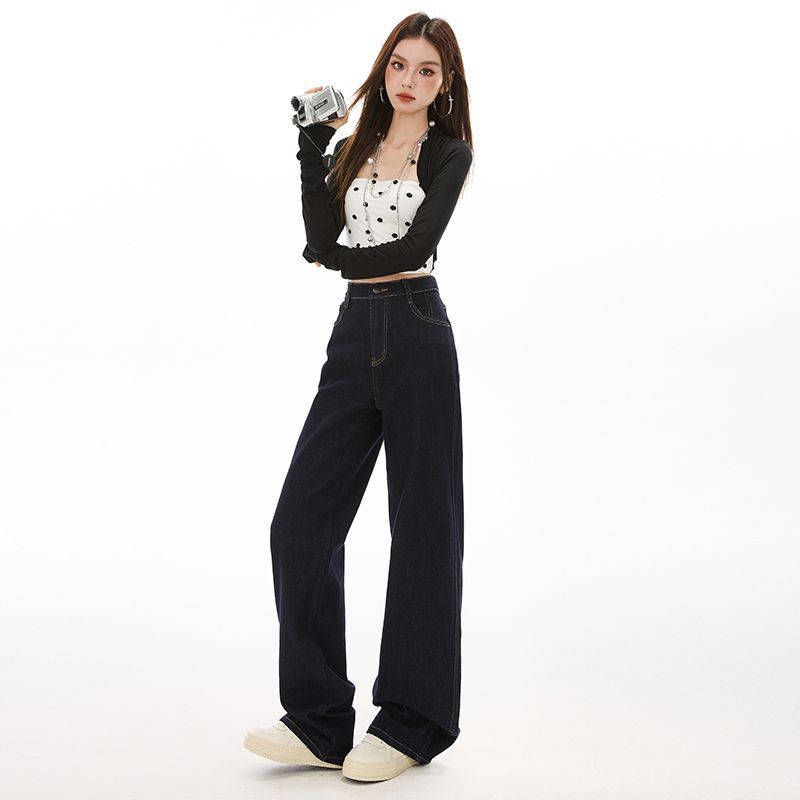 Spring Summer Elastic Waist Ultra Soft Comfy Denim Blue Straight Leg High Waist Daily Denim Trousers Ladies Casual Pants Oversize Denim Trousers