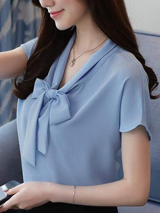 Shirt Blouse Chiffon Short Sleeve Cut and Sew Pullover French Sleeve 7001 Bowtie Shirt Light Blue Lightweight Stylish Office Lady Shirt 7001 [Lunar