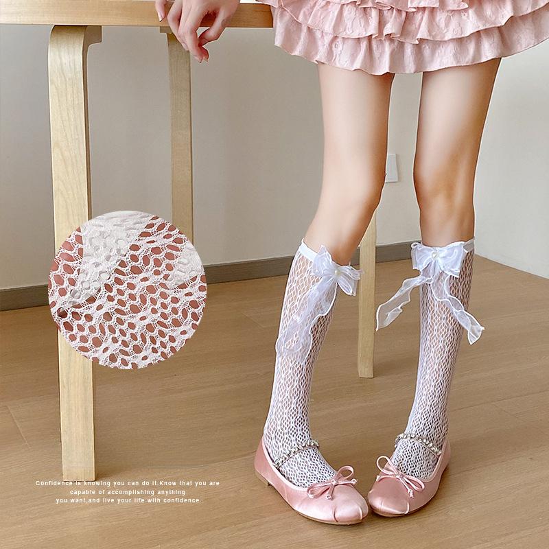 

Women s Spring and Summer Thin Mesh Pearl Bow Hollowed Out Long Calf Socks 1 pair бежевий