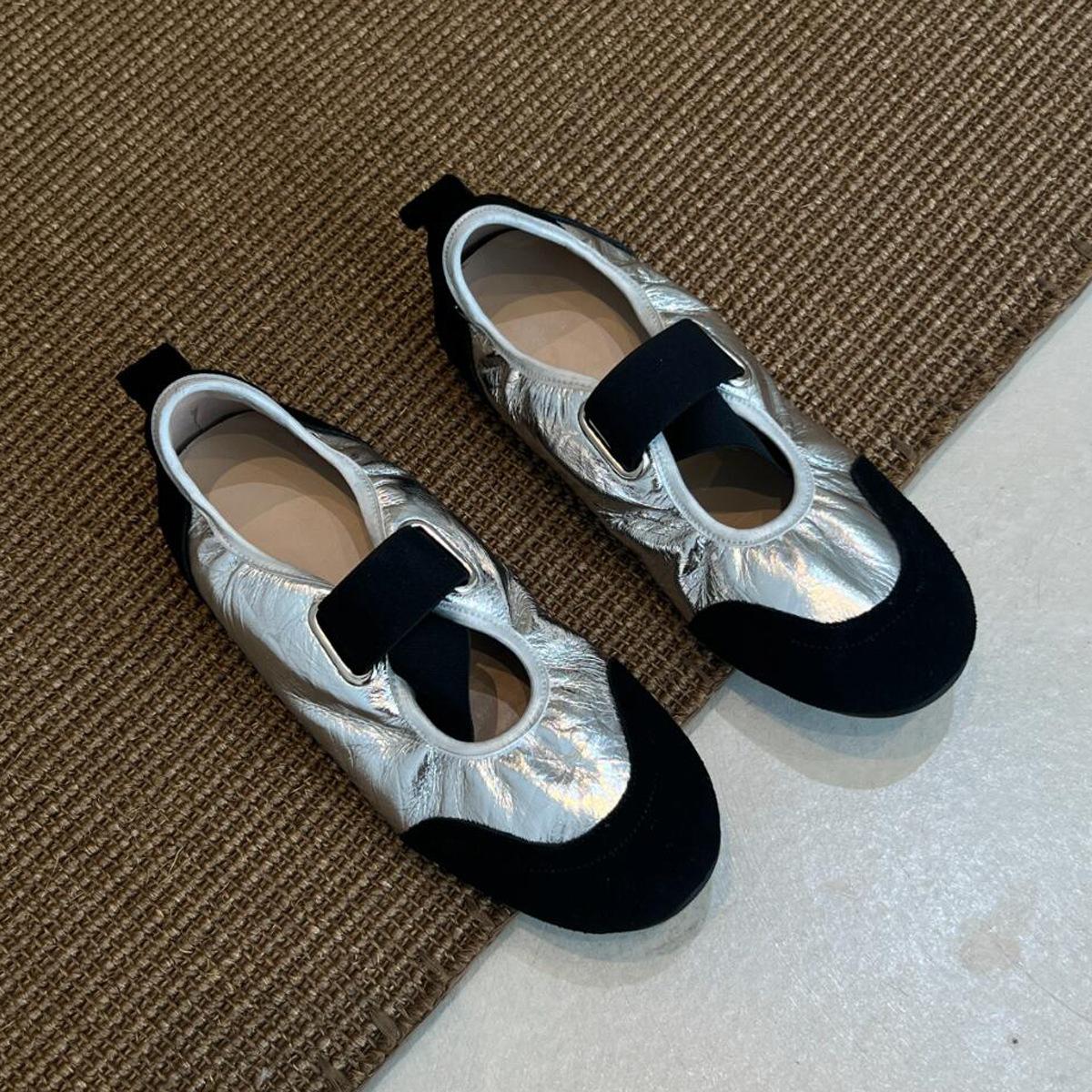 

Color matching retro round head Mary Jane single shoes women s 2025 new casual flat-bottomed French ballet soft-soled German training shoes 40 серебряный