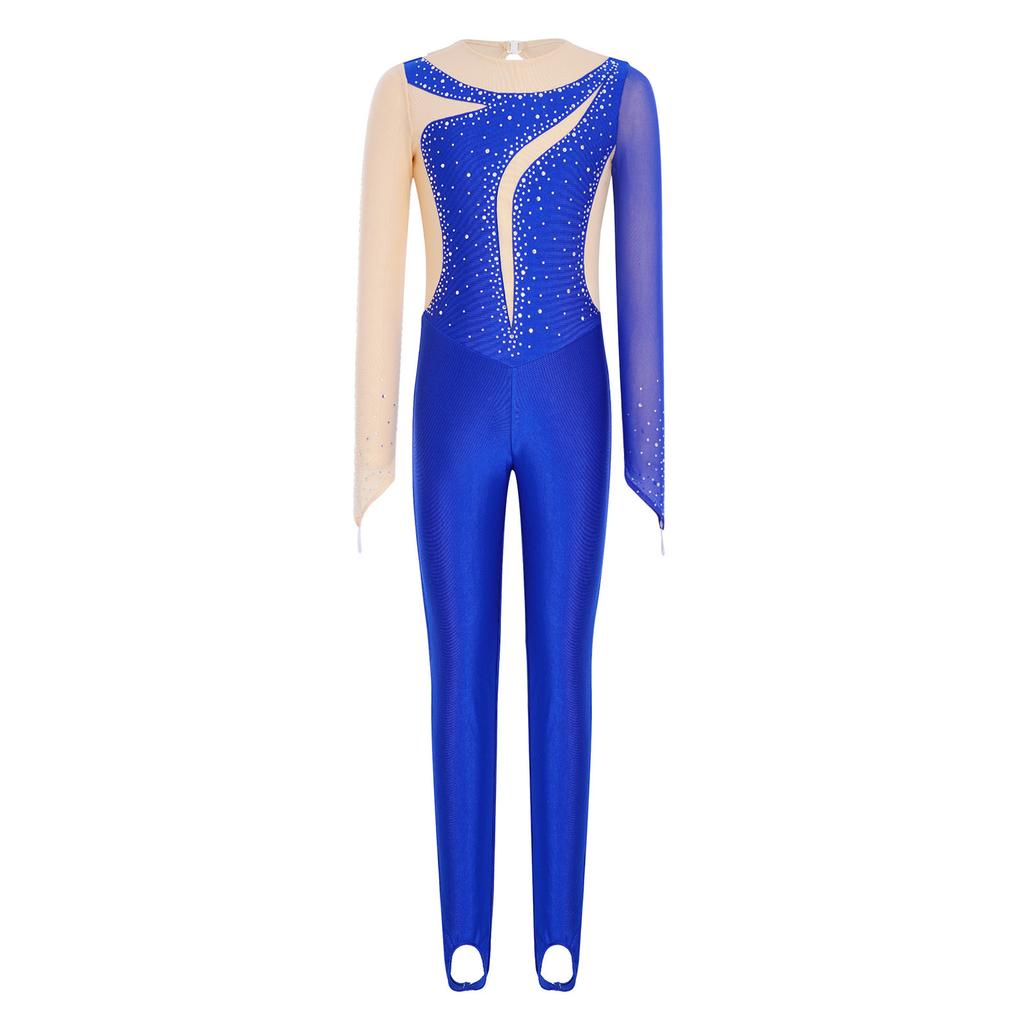 Tuta da Ginnastica per Bambine Maniche Lunghe Fori per le Dita Foro sulla Schiena Patchwork in Rete Strass Lucidi Color Block Body da Danza per Performance