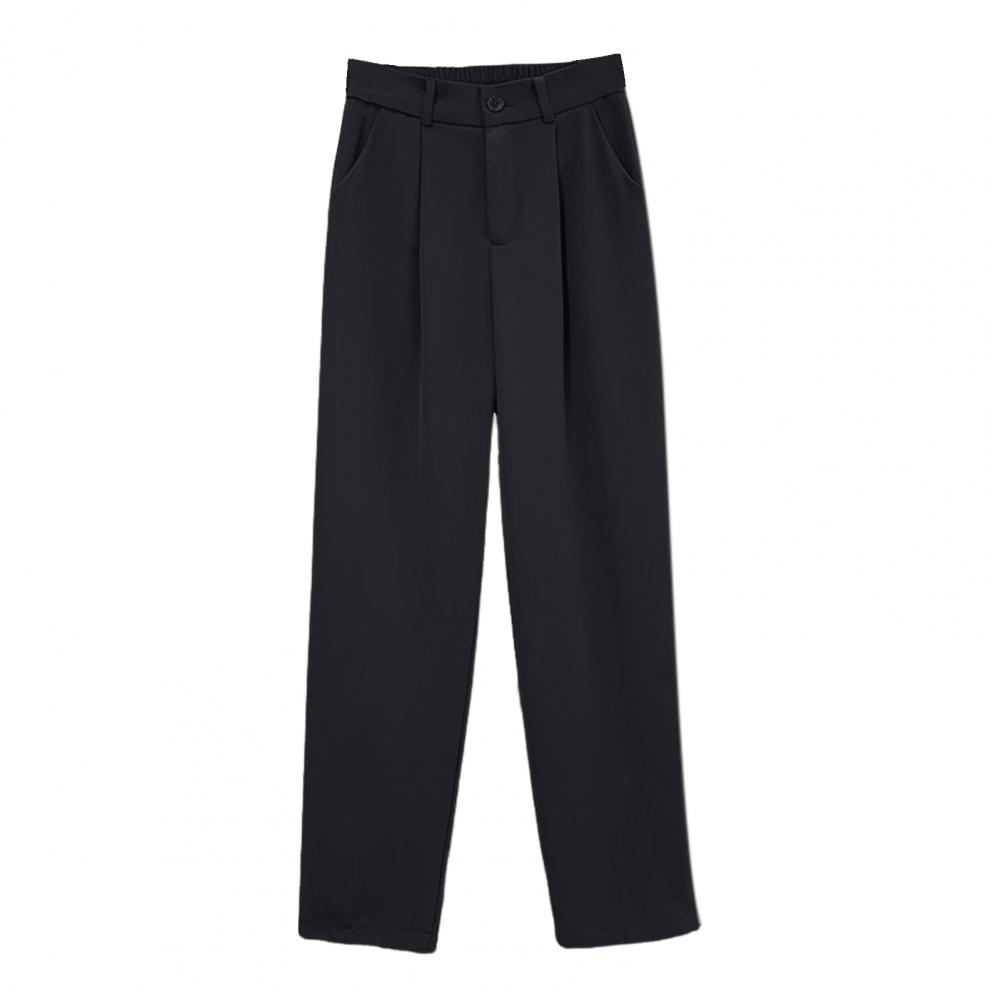 Women Pants Straight Wide Leg Long Suit Pants with Pockets Elastic Waistband Button Zipper Fly Ice Silk Suit Trousers