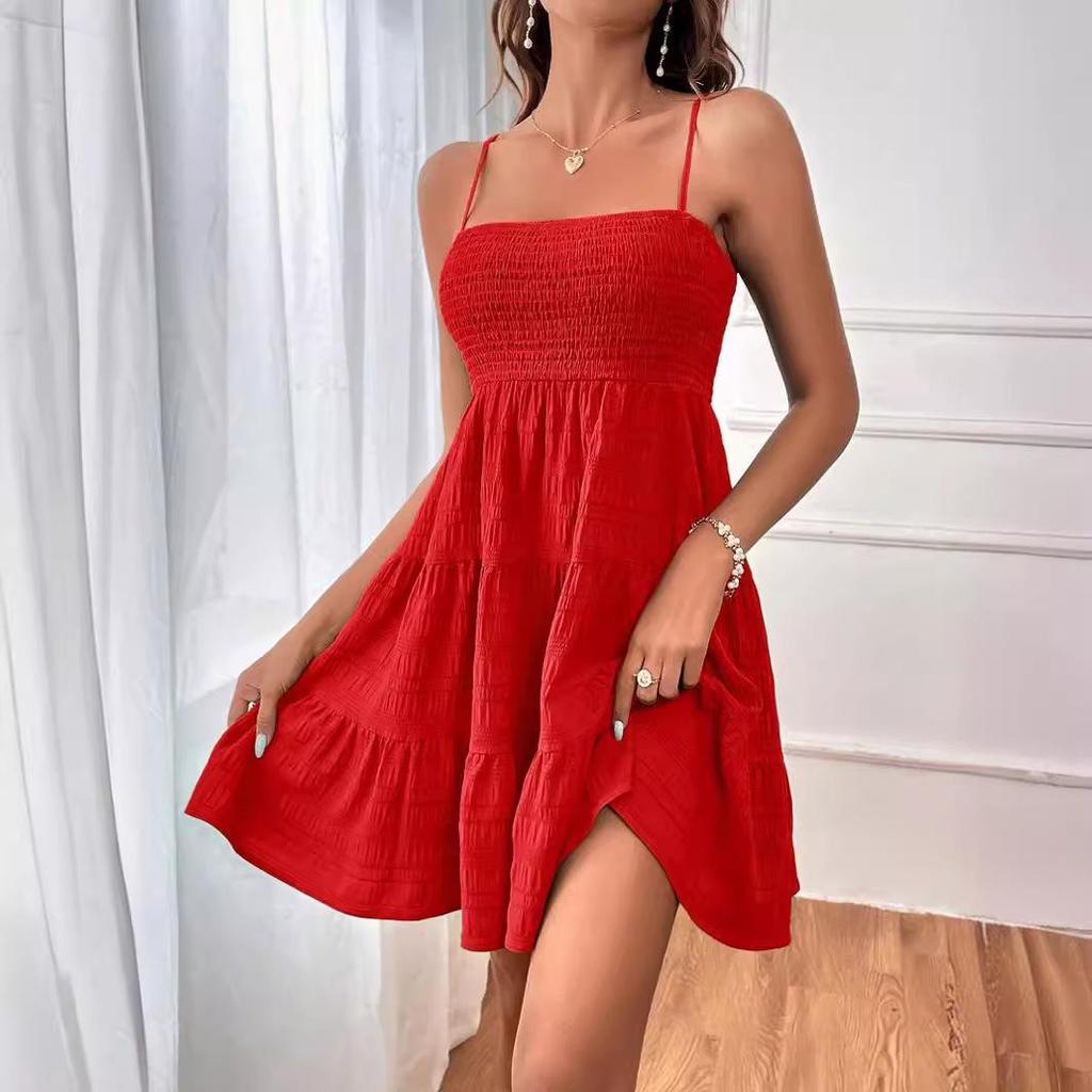 2025 Summer Women's One-Shoulder Thin Straps Solid Color Versatile Textured Dress
