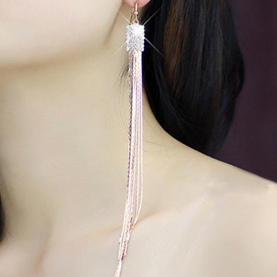 1 Pair Women Square Rhinestone Drop Earrings Long Tassels Chain Dangle Hook Earrings Jewelry