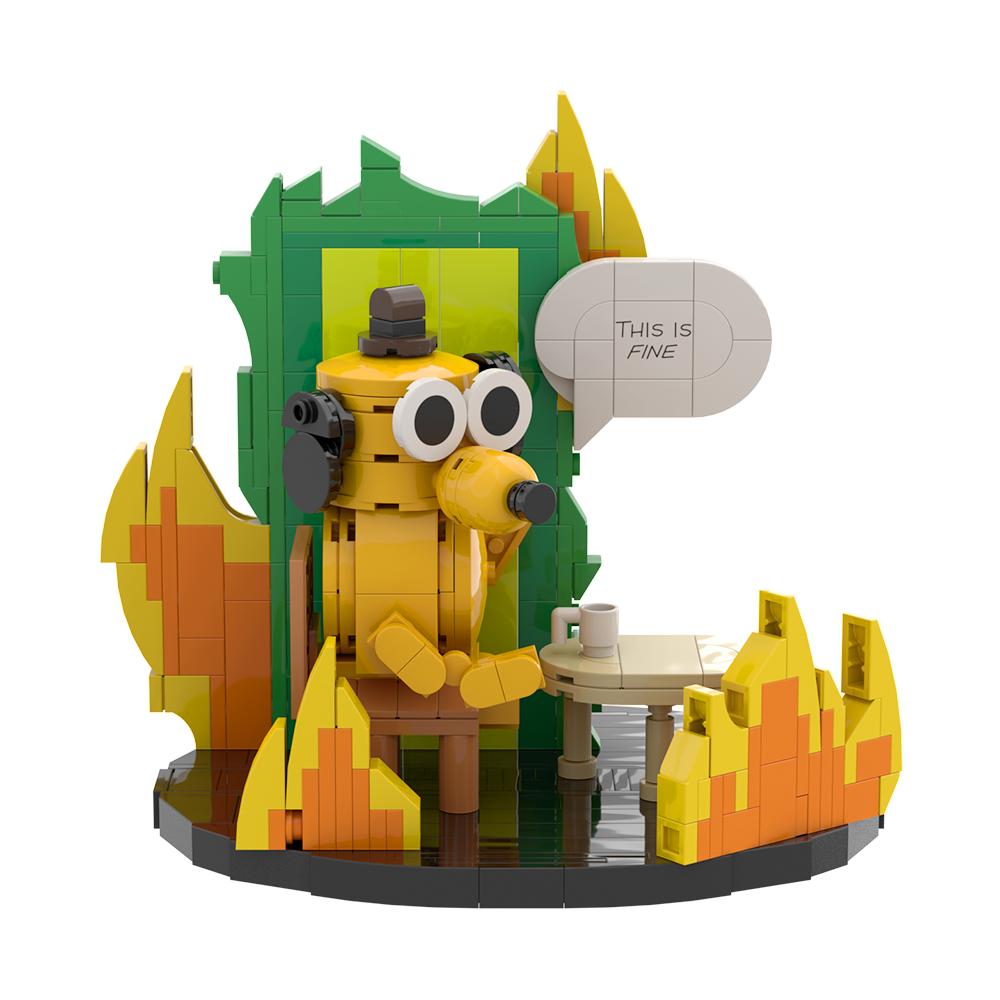 Neues MOC This is Fine Hund Baustein Modell Cartoon Feuer Meme Vignette Jagdhund Steine DIY Montage Spielzeug Kinder Geburtstagsgeschenke