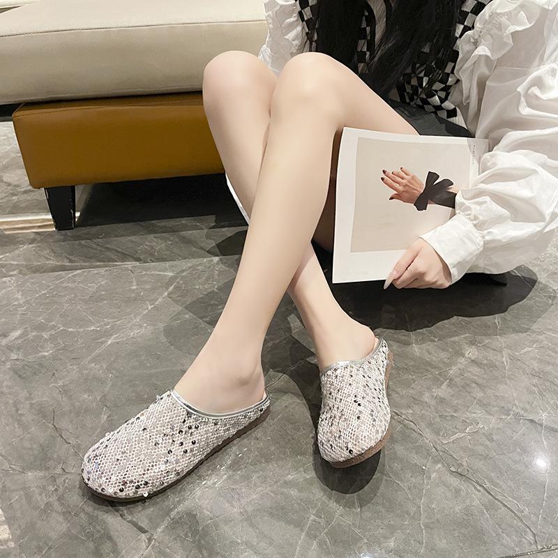 2025 Summer New Mesh Breathable Sequined Bag Head Half Slippers Women Wear Flat-bottomed One-pedal Lazy Shoes