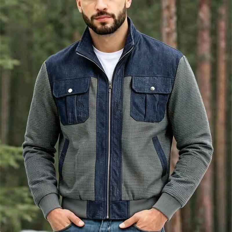 Men s Denim Plaid Patchwork Lapel Zip Up Ribbed Hem Bomber Jacket S