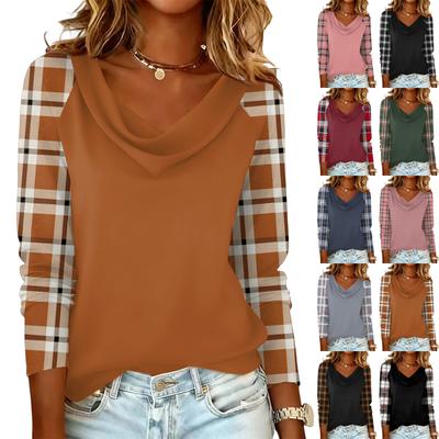 Top pulover casual și la modă pentru femei, cu imprimeu carouri și mâneci lungi