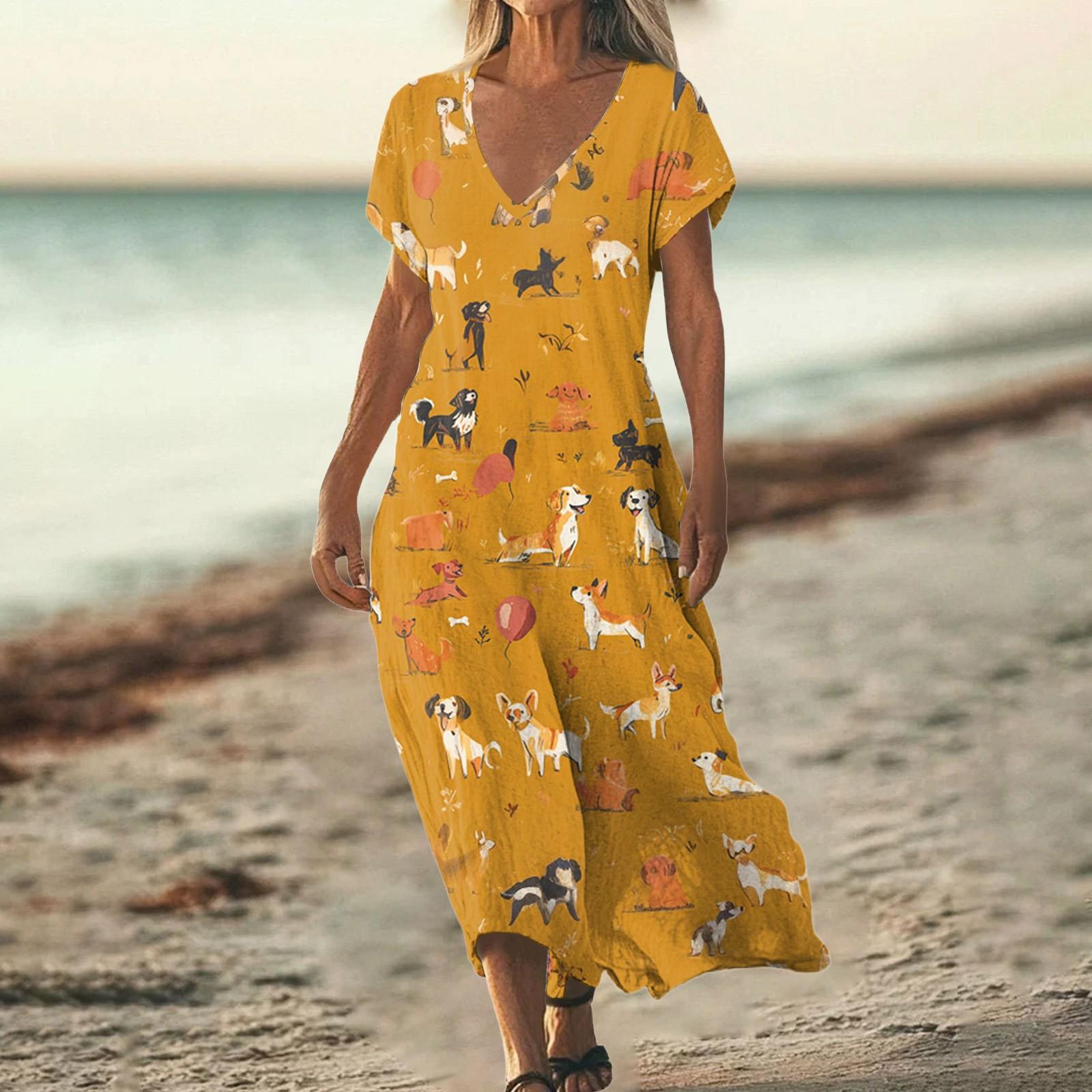 

Модное женское летнее пляжное платье с V-образным вырезом и коротким рукавом из хлопка и льна с винтажным цветочным принтом XL жёлтый