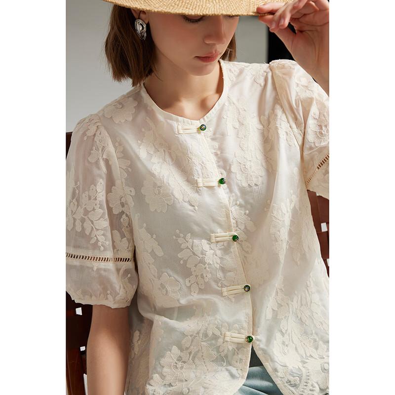 Women s Elegant Tencel Embroidered Short Sleeve Blouse XL