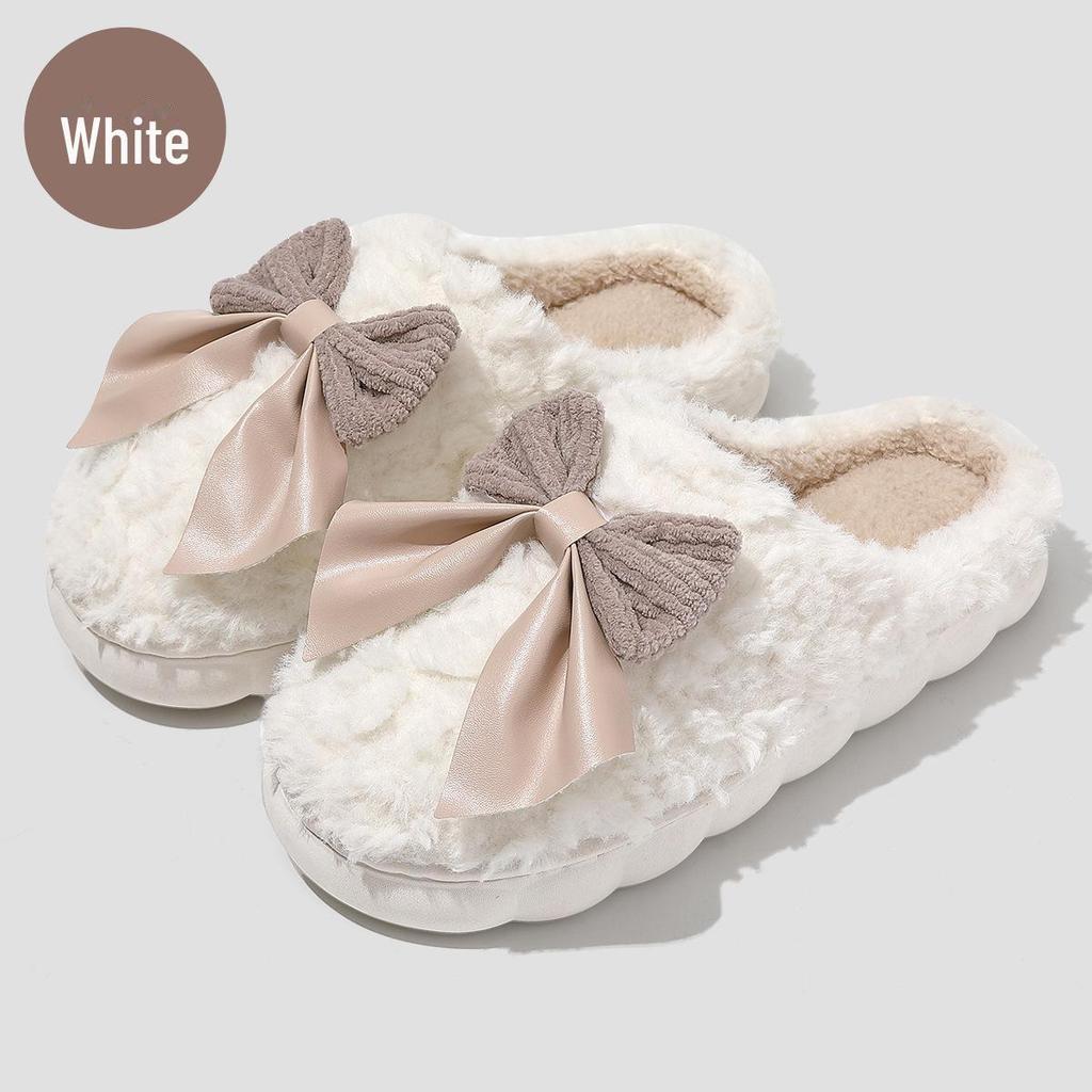 Damen Plüsch Schleife Baumwollpantoffeln - Dicke Sohle, Warme Hausschuhe für Herbst und Winter