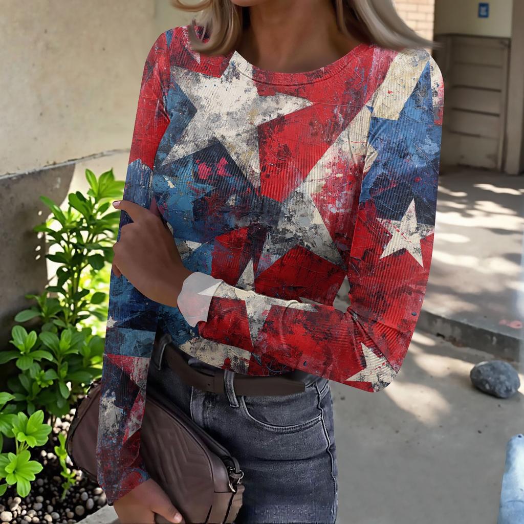 Women's Casual Fashion Round Neck Independence Day Print Long Sleeve Ribbed Top