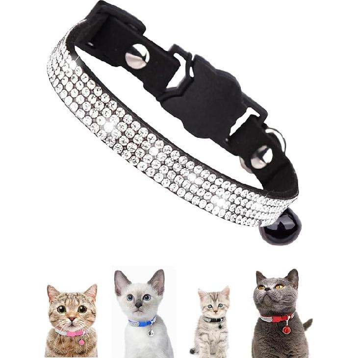 Cat Collar with Rhinestone Bling Cute Bells Leather Cat CollarsAccessories for Pet Collars Ldeal for Girl Cats Male Cats(Black)