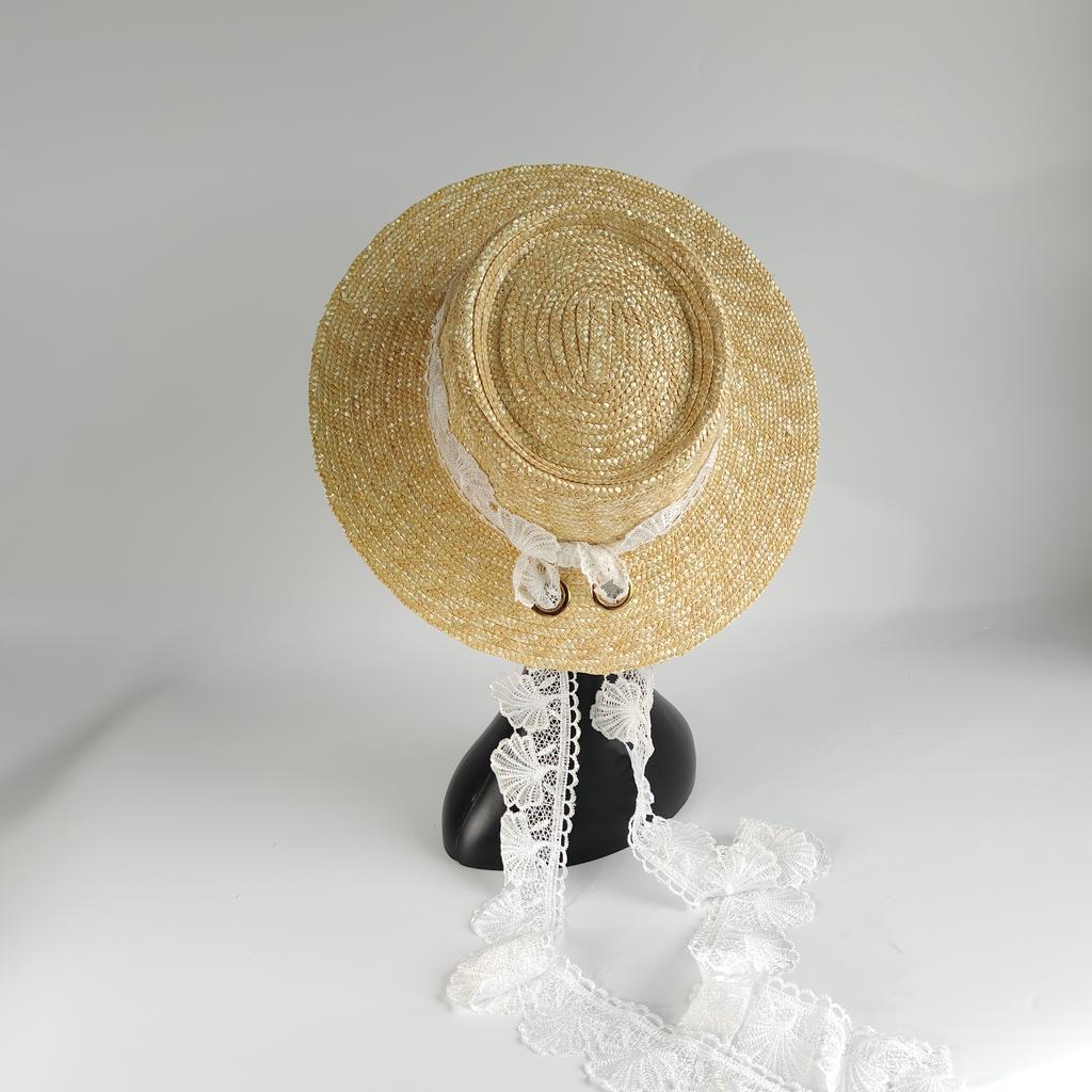 French Lace Ribbon Wheat Straw Hat Women summer Boater Beach Sun Cap Elegant Flat-Top Design with Wide Ribbon Bow Holiday Sunhat