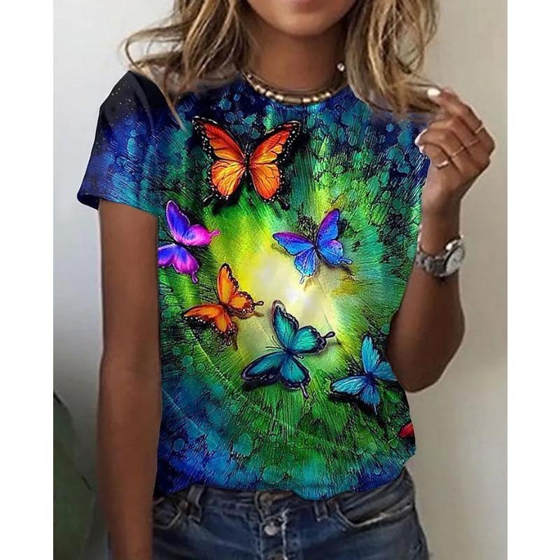 Letnie T-shirty damskie z krótkim rękawem, modne i codzienne, z okrągłym dekoltem i nadrukiem 3D motyla i ważki